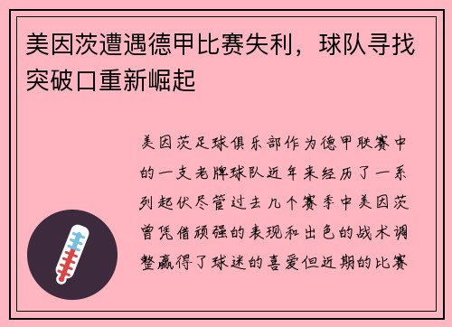 美因茨遭遇德甲比赛失利，球队寻找突破口重新崛起